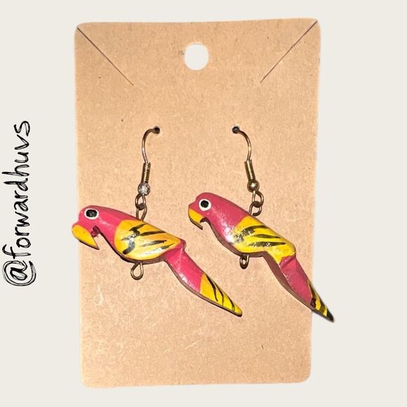 Bohemian Style Hand-Painted Wooden Parrot Earrings – 2” Dangle - Picture 7 of 8